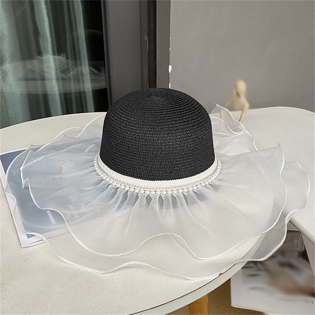 Sombrero de Playa de ala Grande para Mujer, Sombrero de sombrilla para Exteriores de Verano, Sombrero de Encaje para el Sol