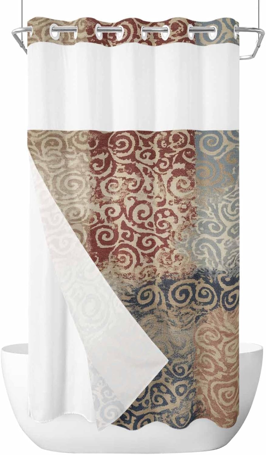 Brown Pattern No Hook Shower Curtain with Snap in Liner Retro Abstract Art Classic Brown Red Blue Pattern Waterproof Bathroom Shower Curtain with See Through Top Window for Bathtub 54" x 78"