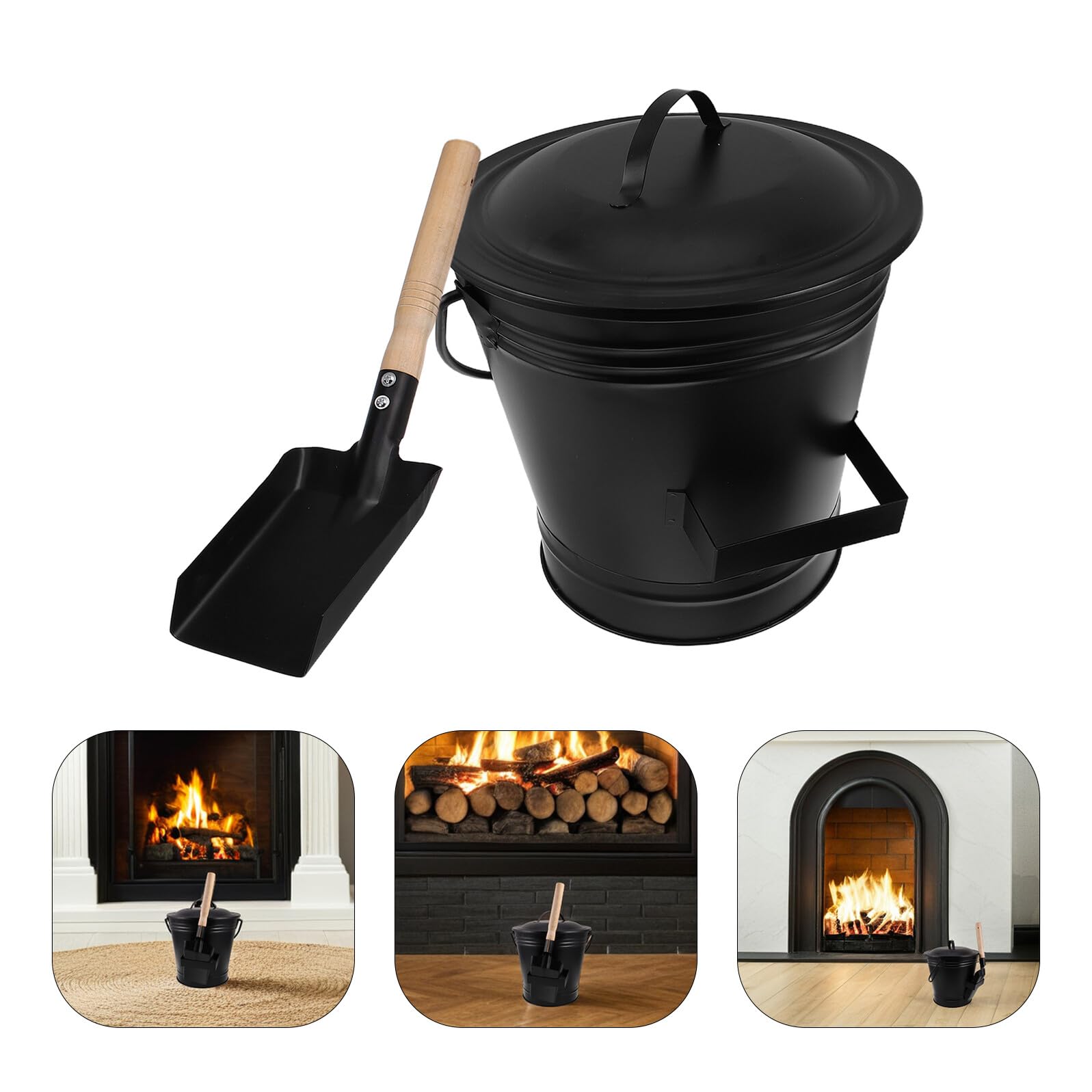 Set Secchio per Cenere in Metallo Nero con Coperchio e Pala Resistente al Calore, Contenitore ad Alta Capacità per Braciere e Stufa a Legna, Attrezzi per Caminetto per Uso Interno