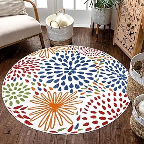 HEBE Floral Round Rug 4Ft Washable Chic Circle Floor Carpet Bohemian Fluffy Area Rug Farmhouse Accent Distressed Floral Throw Area Rug for Living Room Dining Table Nursery Cover