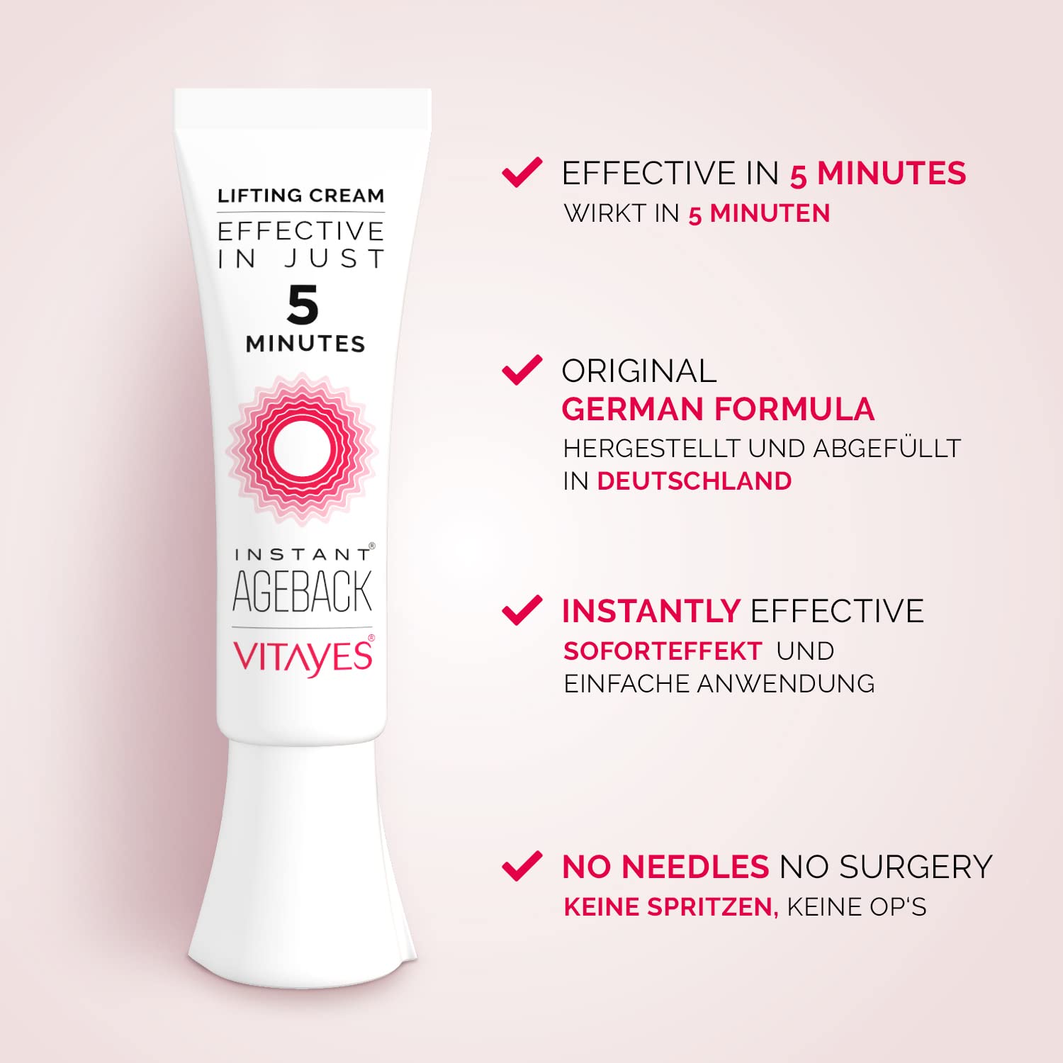 Vitayes Anti-Aging Gesichtscreme mit Soforteffekt 7ml Reduziert Falten & Augenringe Vegan Tierversuchsfrei