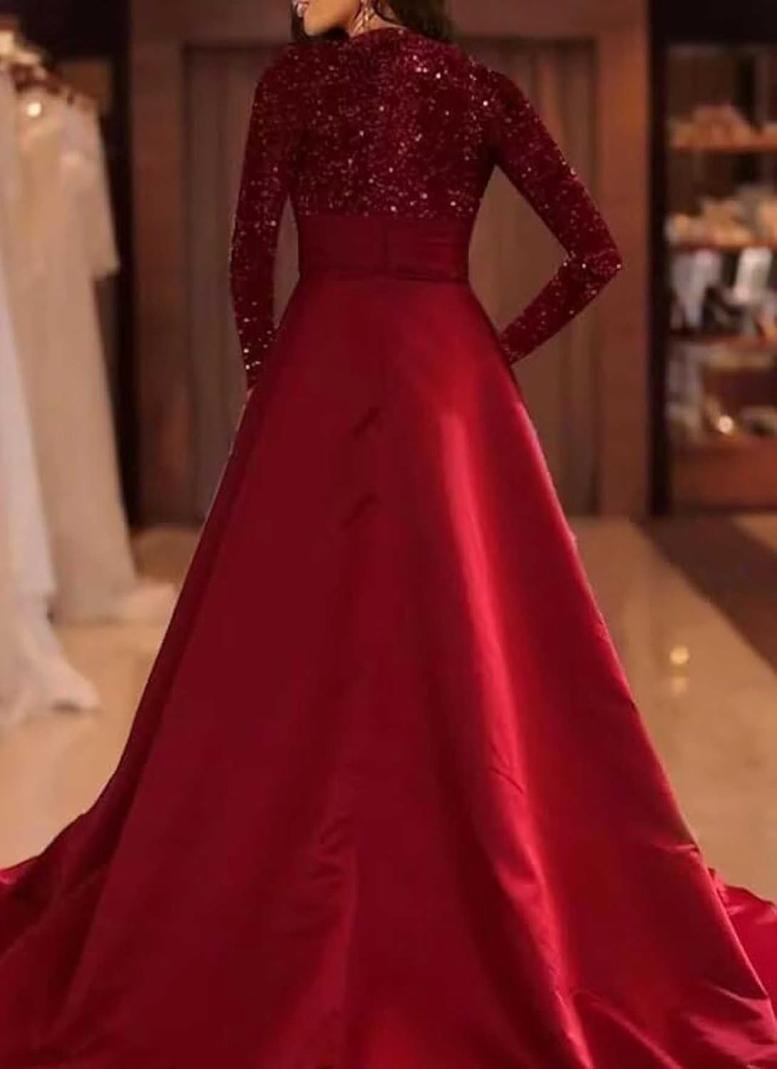 Sequin Long Sleeve Prom Dresses Long Satin Round Neck Formal Evening Gown with Pockets - Image 2