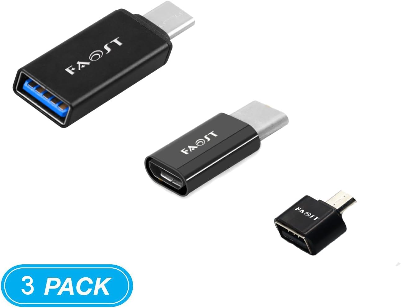 3 in 1 Pack,Faost Metal USB C to USB3.1 Adapter,C to Micro Adapter,OTG Adapter,Convert Connectors for MacBook Pro,Google Pixel XL,Apple,Sony,Samsung Galaxy S8 Nexus 5X 6P LG G5 G6 V20 Nintendo Switch,Huawei,usb Drive and More,Please Rest Assured to Buy (Black)