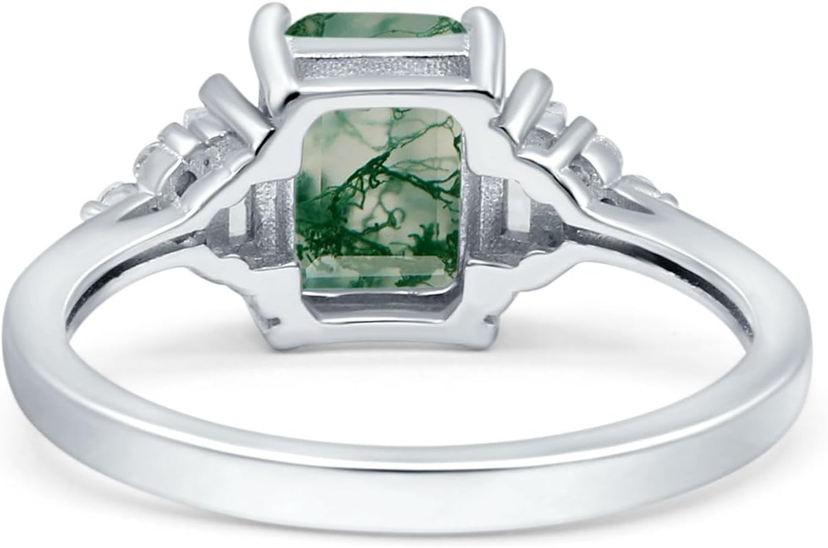 OMRANII Three Stone Emerald Cut Natural Green Moss Agate Trellis Ring Art Deco Marquise Style Bridal Wedding Engagement Rings Baguette Cubic Zirconia 925 Sterling Silver Gift For Women