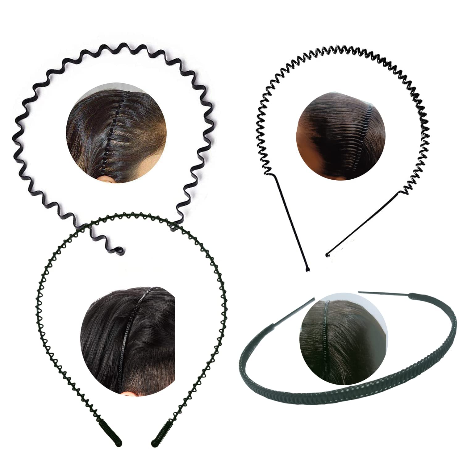 brenzafab 4 Pcs Black Flexible Metal Wavy, Spring, Zig Zag, Chain And Simple Hair Band Hair Hoop Hairband Daily Use For Unisex Men Women-picture-12