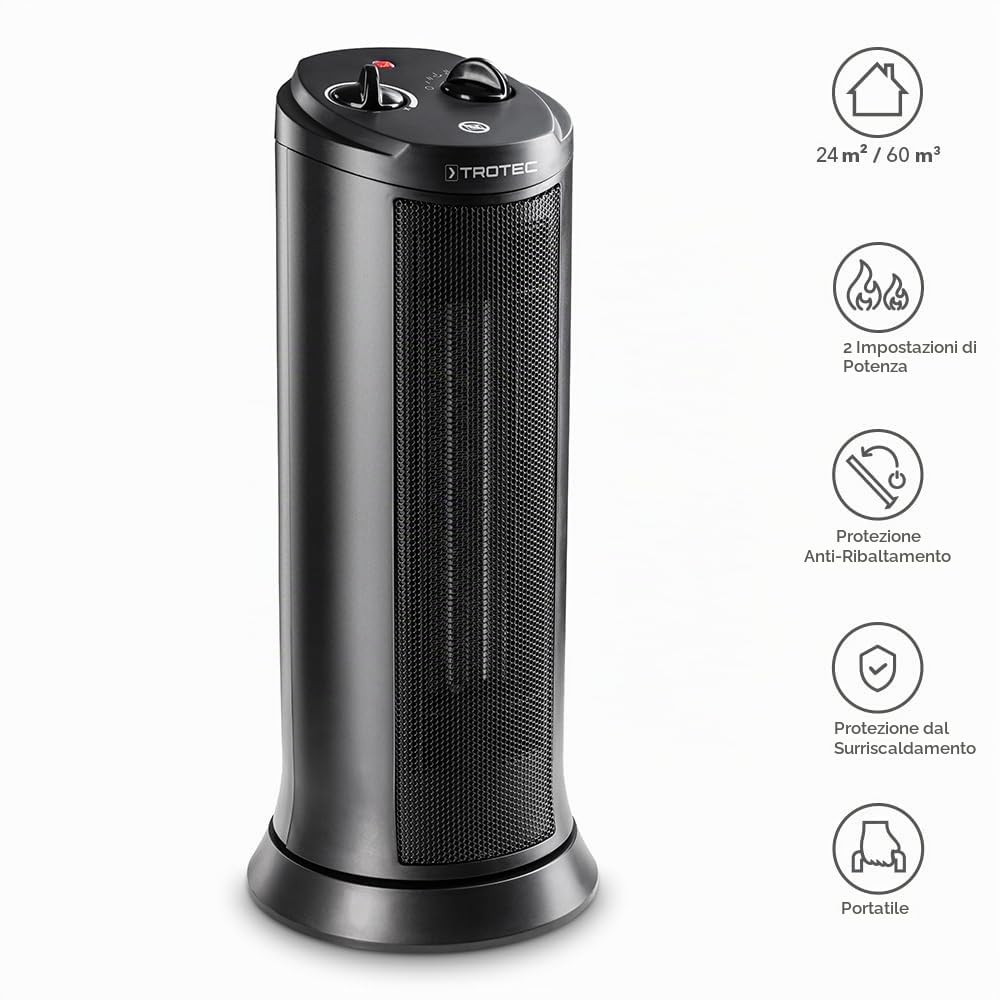 TROTEC Termoventilatore ceramico TFC 19 E - potenza termica 1200 W / 2000 W - riscaldamento con termostato, superficie ambiente da 24 m² a 60 m³, funzione oscillazione 70°
