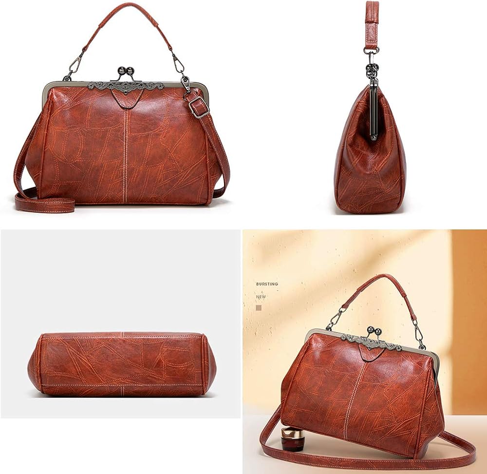 Segater® Women Retro Hollow Oil Wax PU Leather Handbag Kiss Lock Crossbody Purse Vintage Messenger Bag Tote: Handbags: 