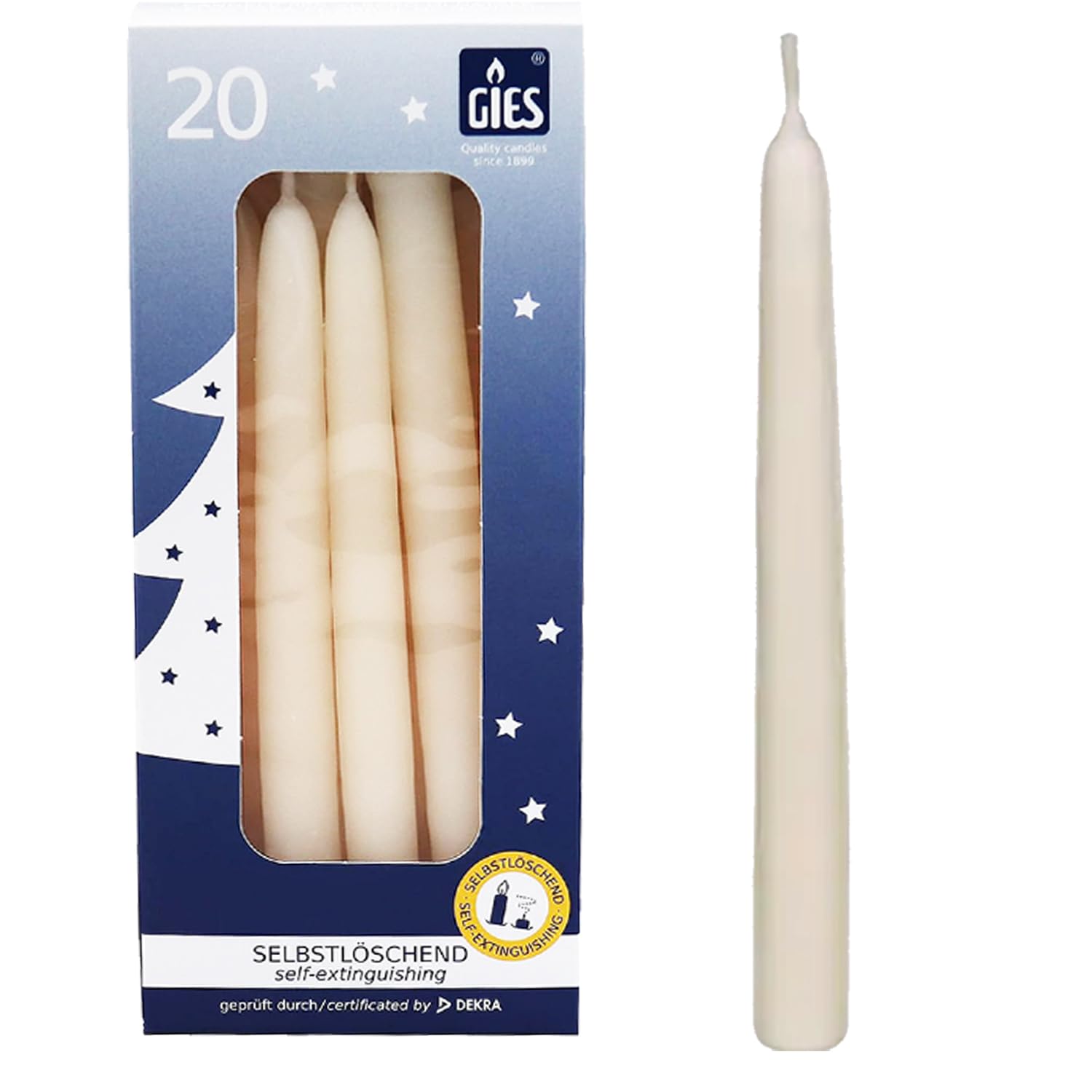 GIES Kerzen Set Creme | 200er Pack selbstlöschende Baumkerzen Wachs 12,4 cm x 1,2 cm (10x20 Stück) | Weihnachtskerzen Pyramidenkerzen Christbaumkerzen | Handgetauchte Qualität