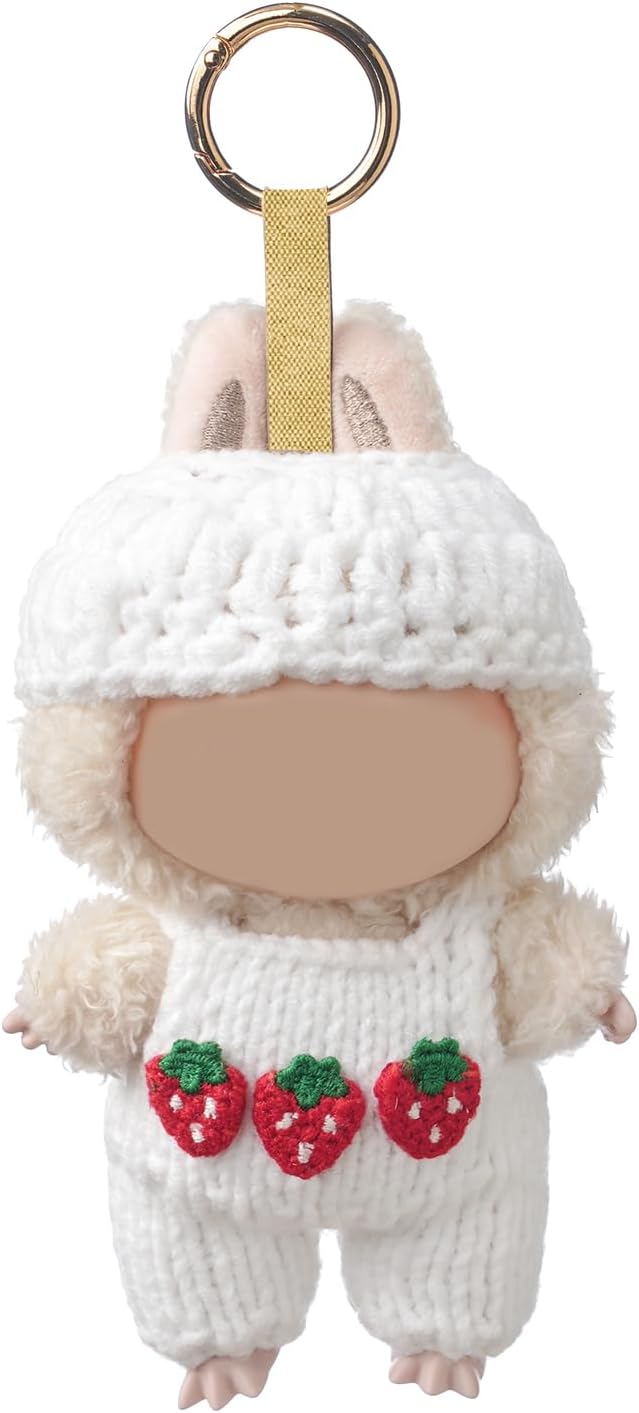 Doll Clothes, 2-Piece Set for 6.67 Inch (17cm) Doll, Hand-Woven Cashmere Outfit, Including Stylish Hat and Cute Strawberry Pattern Clothing (White)