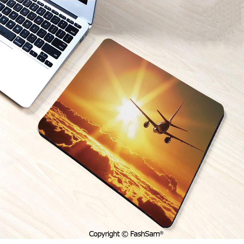 Personalized 3D Mouse Pad Aeroplane Aircraft Widebody Jet Flying on Air Rising Sun with Fluffy Clouds Art for Laptop Desktop(W9.85xL11.8)