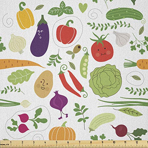 Image of Ambesonne Vegetable Fabric by The Yard, Food Art Illustration of Cabbage Chili Peppers Tomatoes and Potatoes Pattern, Microfiber Fabric for Arts and Crafts Textiles & Decor, 2 Yards, Orange Purple