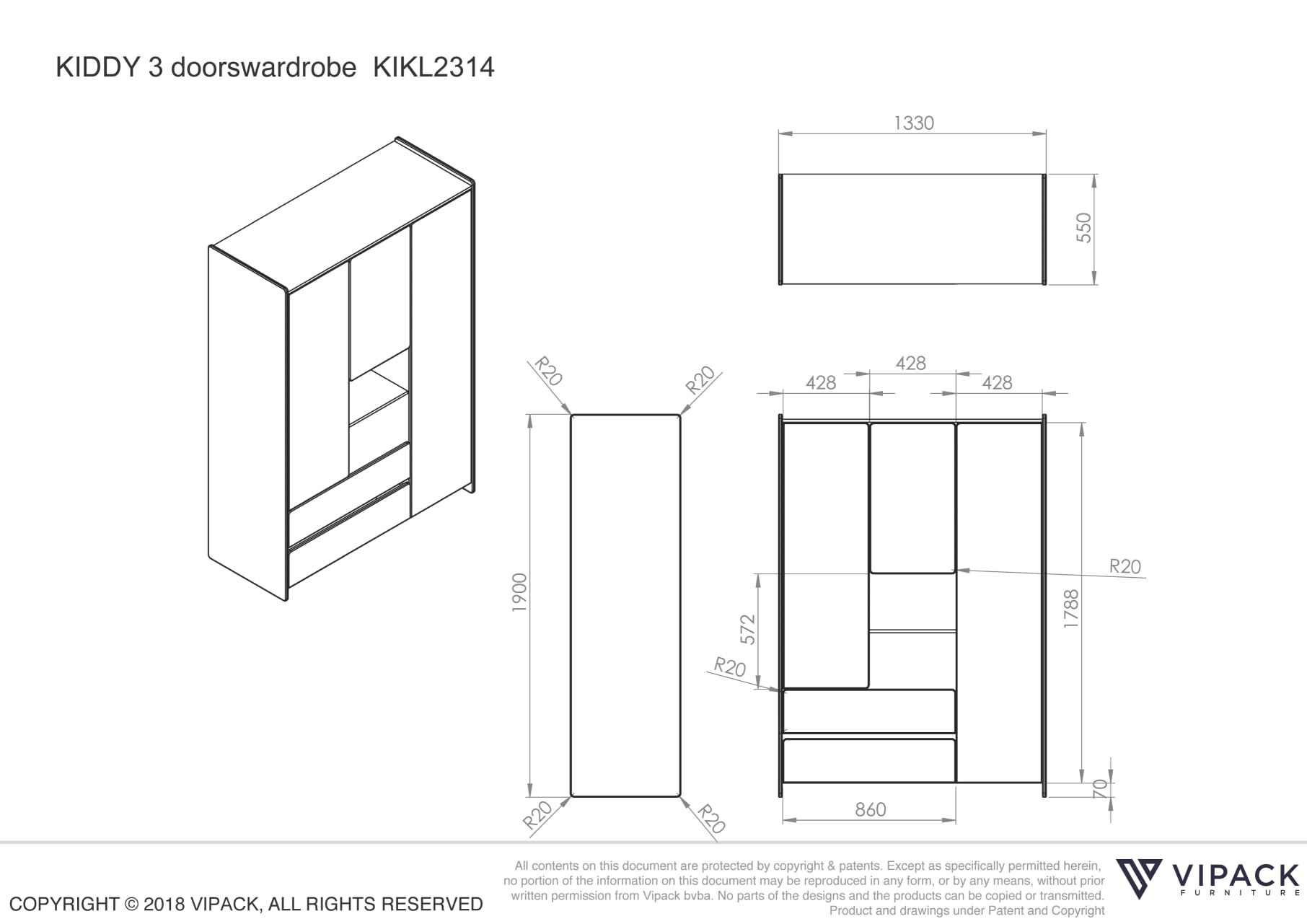 Vipack Kleiderschrank 3-TRG. Kiddy, weiß