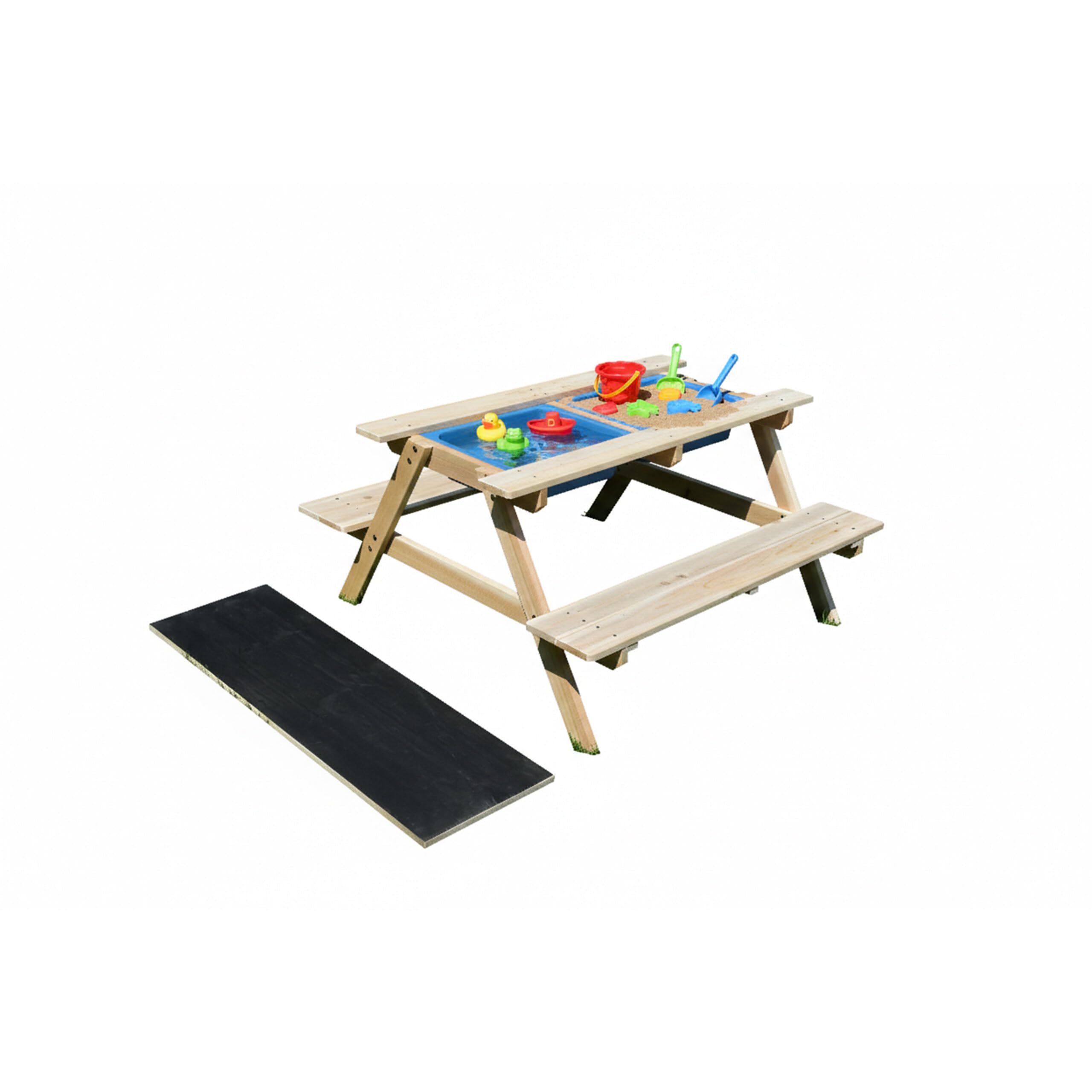 Relaxdays Kindersitzgruppe Holz, 3in1, Spieltisch, Matschküche & Picknicktisch, mit Tafel, HxBxT: 48,5x89x85cm, Natur