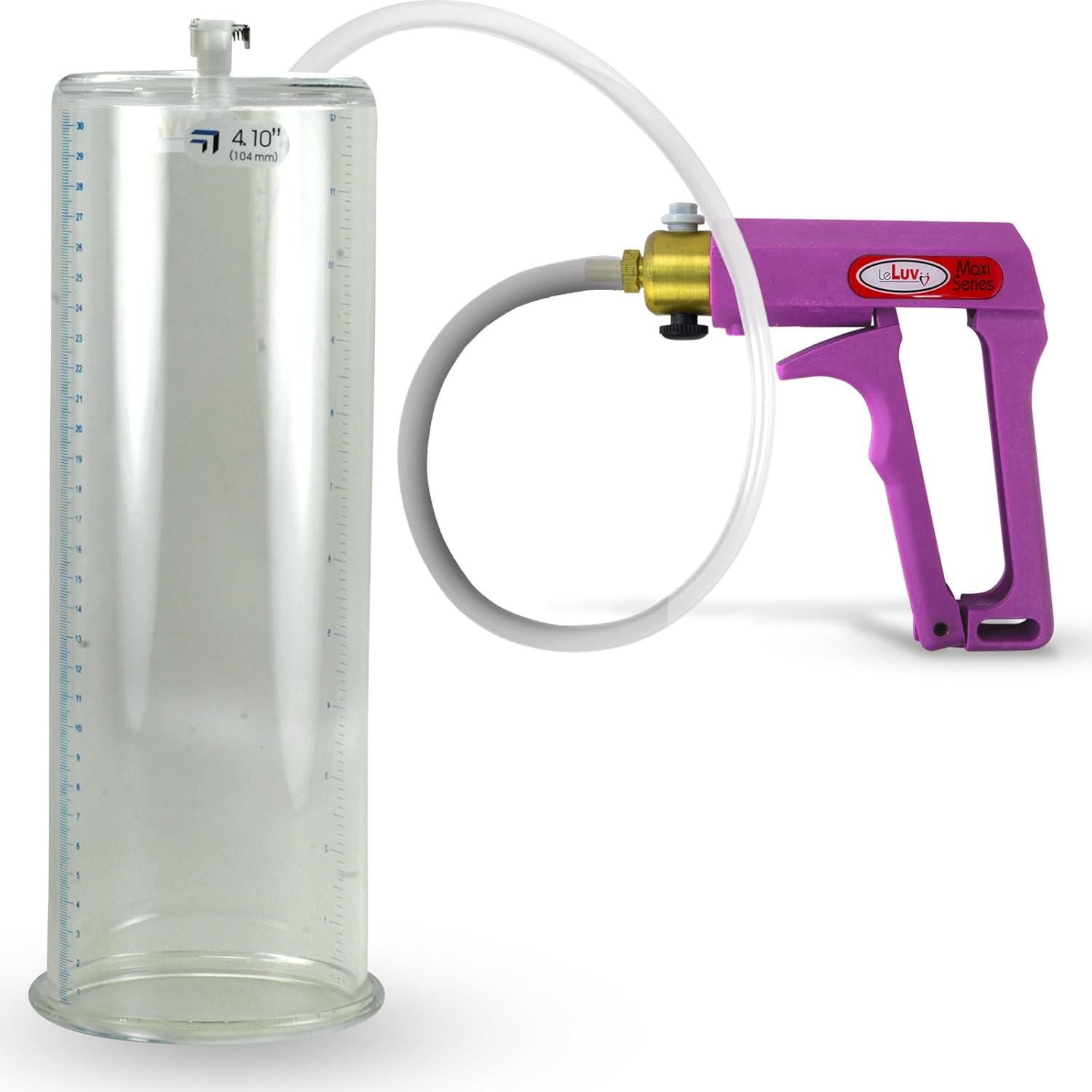 LeLuv Maxi Penis Pump - Purple Handle, Clear Hose with 12" Length x 4.10" Diameter Cylinder - Untapered, Seamless, Rounded Flange Cylinder