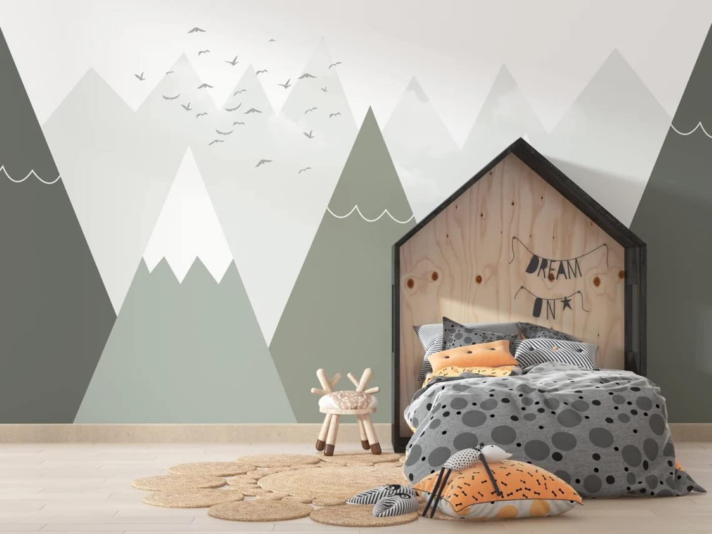 Triangle Row of Snowy Mountains Birds Abstract Geometric Peel and Stick Wallpaper Wall Kids Room Nursery 100''H x 150''W