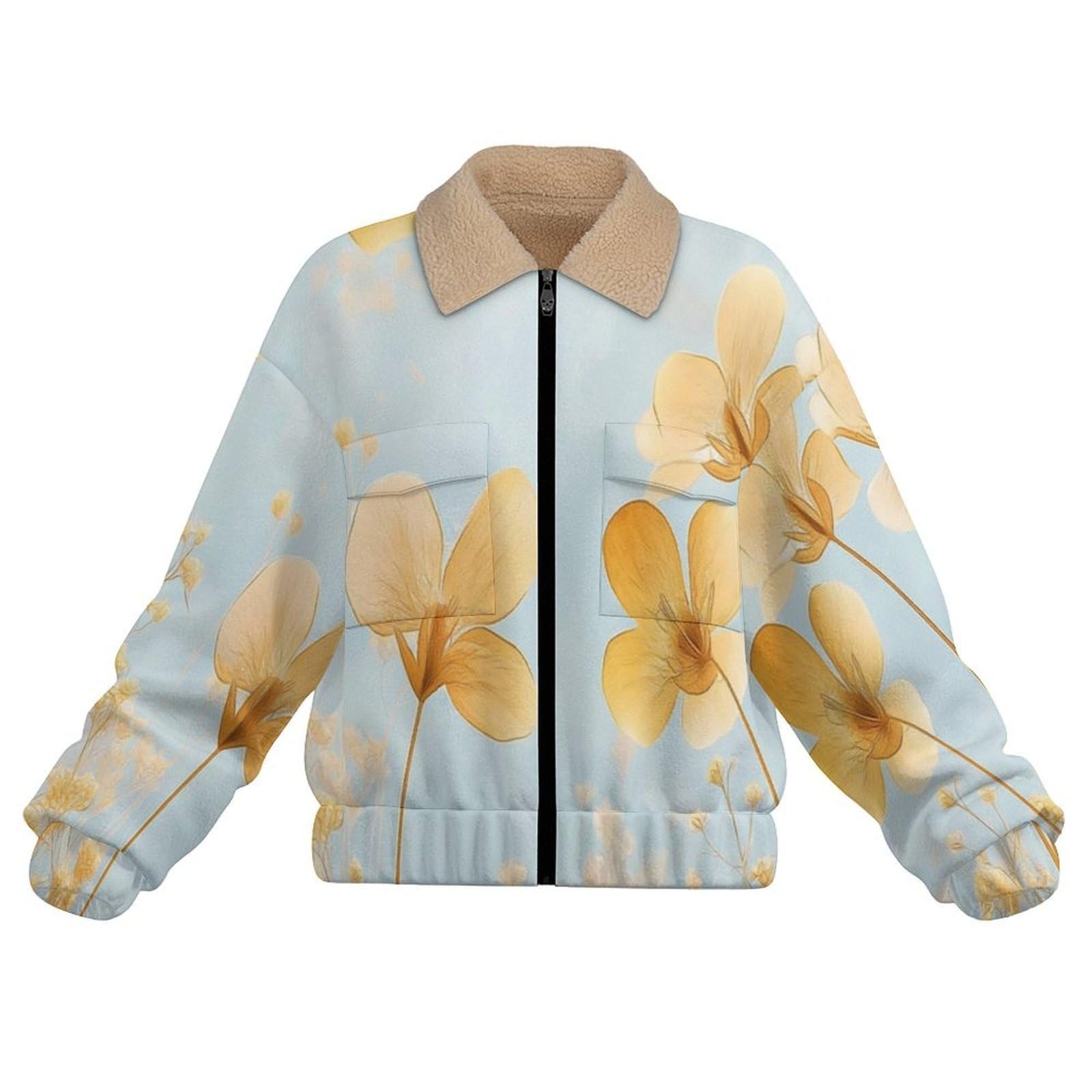 Giacca in Pile da Donna con Chiusura Lampo su Tutta la Lunghezza, Colletto Revers, Cappotto Fiori selvatici dorati Calda Invernale con Tasche, per Escursioni e Tempo Libero