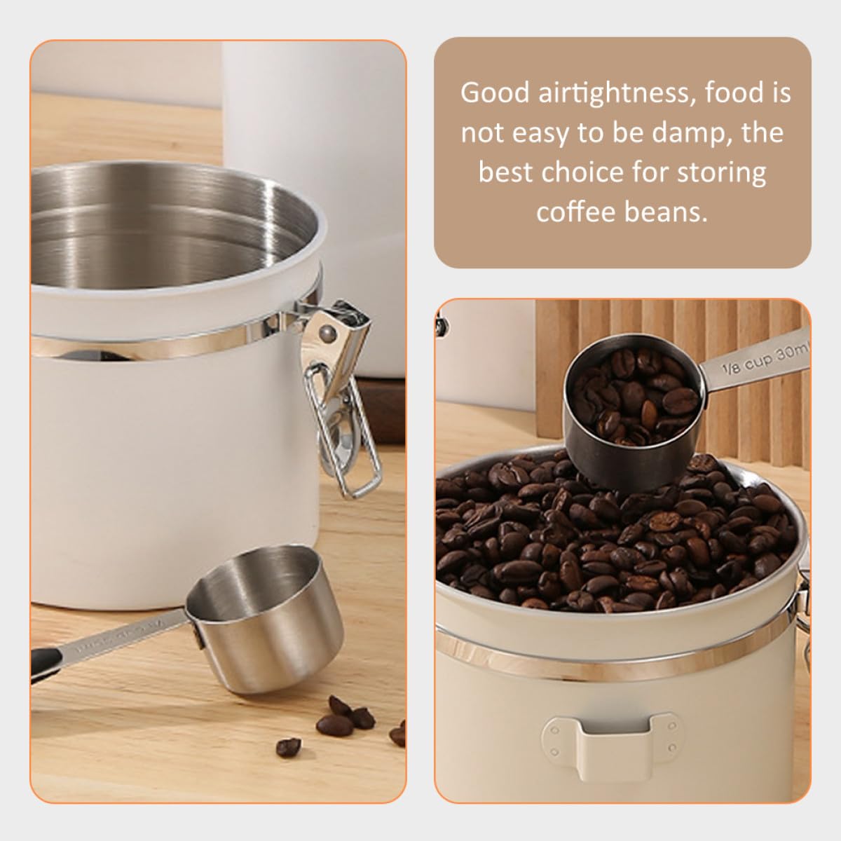 YARNOW Bote Hermético Adecuado para Conservar Granos de Acero Inoxidable con Cuchara 1.2l para Almacenamiento de Café y Té, Estanqueidad y Diseño Beige