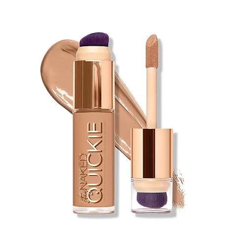 Urban Decay Quickie Corrector impermeable de cobertura completa 24 horas, acabado mate natural, vitamina E hidratante, cepillo de pulido de doble