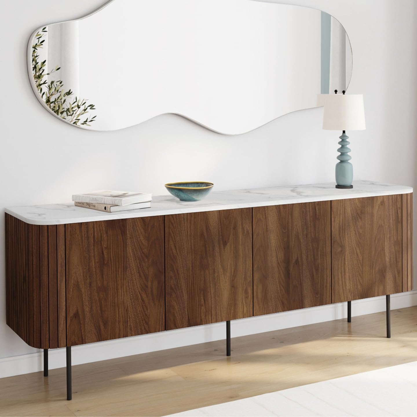 IDMarket - Buffet Bas 160 cm Marla 4 Portes Effet Noyer et Lattes et Plateau marbre Blanc Alaska