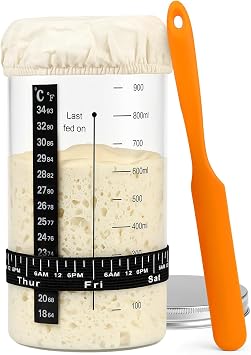34 oz Sourdough Starter Jar, Large Artisan Glass Sourdough Starter Jar Kit with Long Silicone Spatula, Temperature Strip, Feeding Tracking Band, Linen Cloth Cover & Aluminum Lid