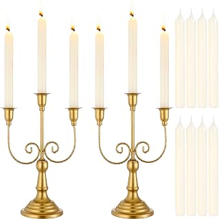 Blosssound 2 Set Candelabra Candle Holders with 8 Candles Gold 3 Arm 11.8" Tall Wedding Taper Candlestick Holder Metal Candelabra for Party Table Centrepiece Decor