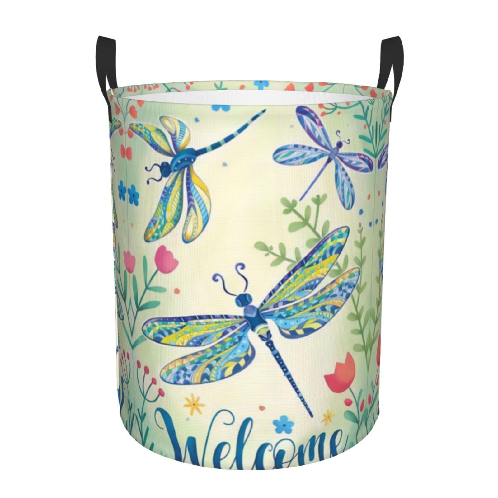 M Circular Hamper – Collapsible Dragonflies and Flowers Print Laundry Basket