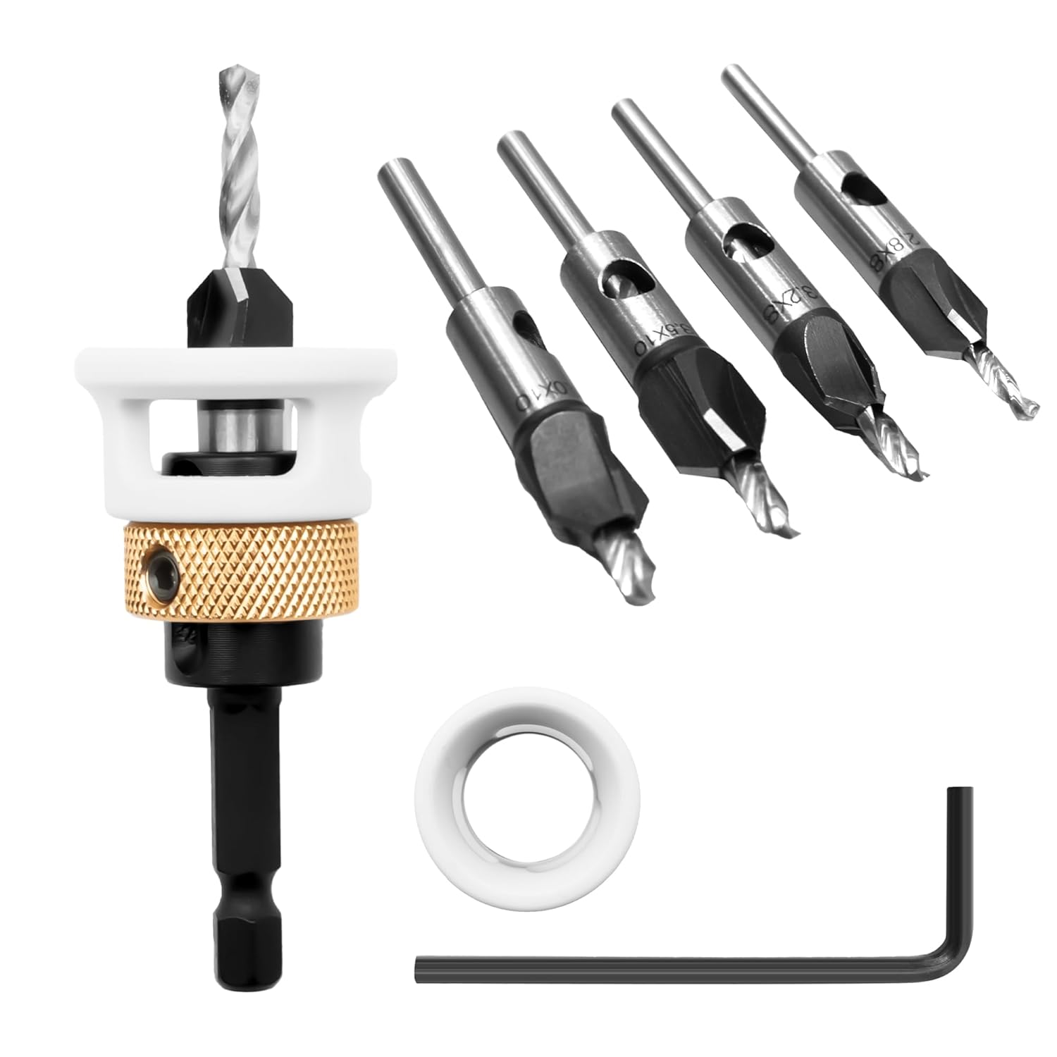 4 Pcs Countersink Drill Bit Set, 2.8mm, 3.2mm, 3.5mm, 4mm with 1/4" Hex Shank, Featuring HSS Quad-Blade Design, Adjustable Bit Depth Stop for Precision Woodworking