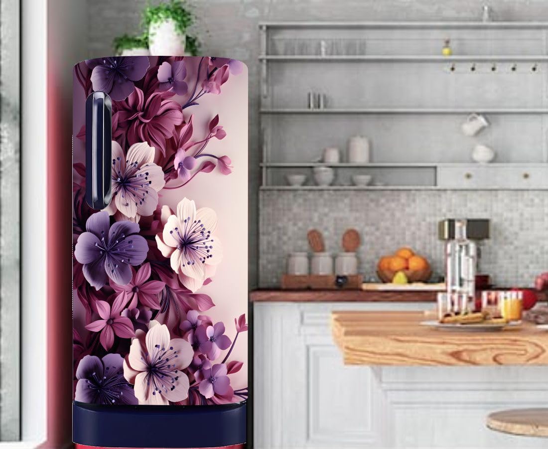 3D Floral Single Door Fridge Sticker | Waterproof Self-Adhesive Vinyl Refrigerator | Door Wrap for Kitchen Decor | Peel & Stick Fridge Sticker (24X48 Inch) (Purple Floral) 1