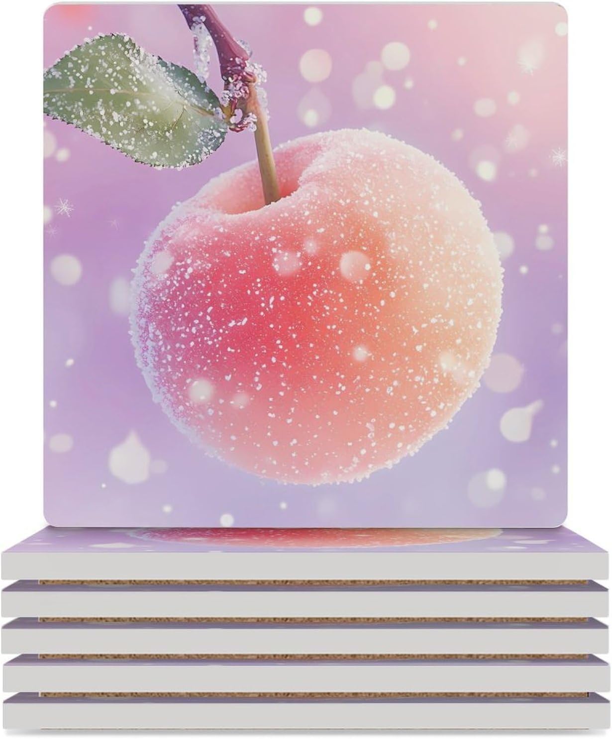 Peach Fruit Ceramic Coasters Set Square Drink Coasters Table Coaster for Kitchen Desktop Decor