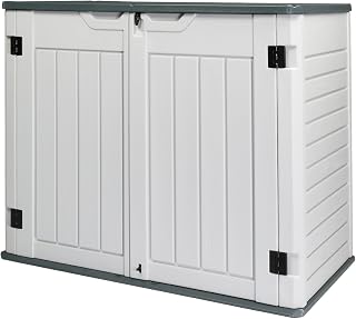 VINGLI Upgraded 260 Gallon Plastic Outdoor Storage Cabinet, White | Lockable HDPE Outdoor Storage Shed Box, Wooden Grain Surface Deck Box Patio Furniture for Garden, Pool, Balcony, Yard