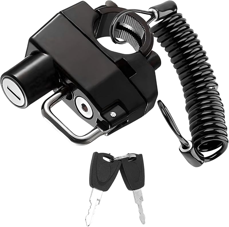 Motorcycle Helmet Lock & Cable, Anti-Theft Handlebar Mount Helmet Security Holder Hook with 2 Keys, Aluminum Alloy Helmet Safety Lock for Motorbike Scooter Street Bike Dirt Bike