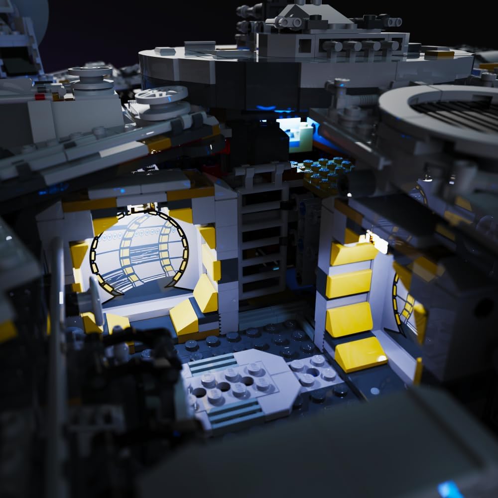Close-up of the LEGO UCS Millennium Falcon's cockpit, illuminated with blue lights.
