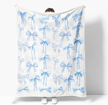 Blue Bows Blankets Preppy Coquette Room Decor Electric Blanket Girls Bedroom Decor Trendy Bow Throw Blanket Coquette Girly Blanket Gifts for Women Teens Soft Flannel Lightweight 50"x60"