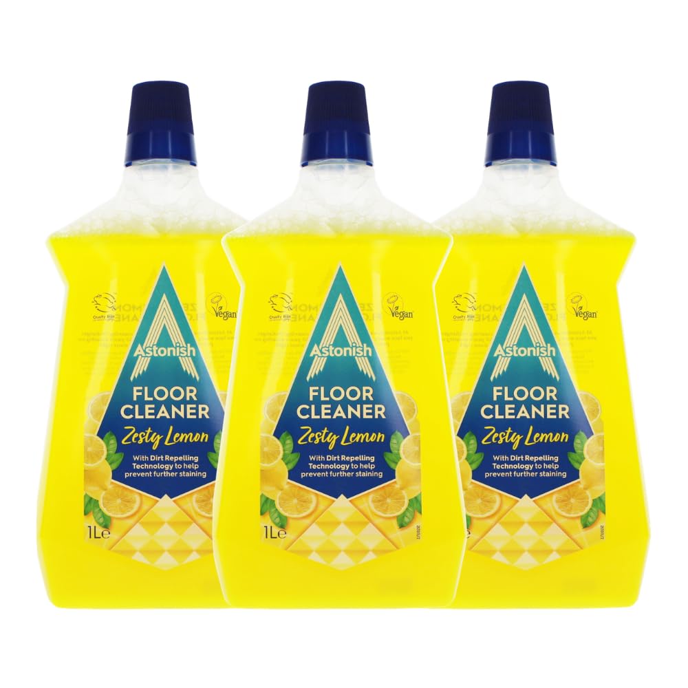 Astonish Floor Cleaner Zesty Lemon - Multi-Surface Hard Floor Cleaner - Streak-Free Shine - Vegan & Cruelty-Free - Citrus Scented – Multipack of 3 x 1L bottles