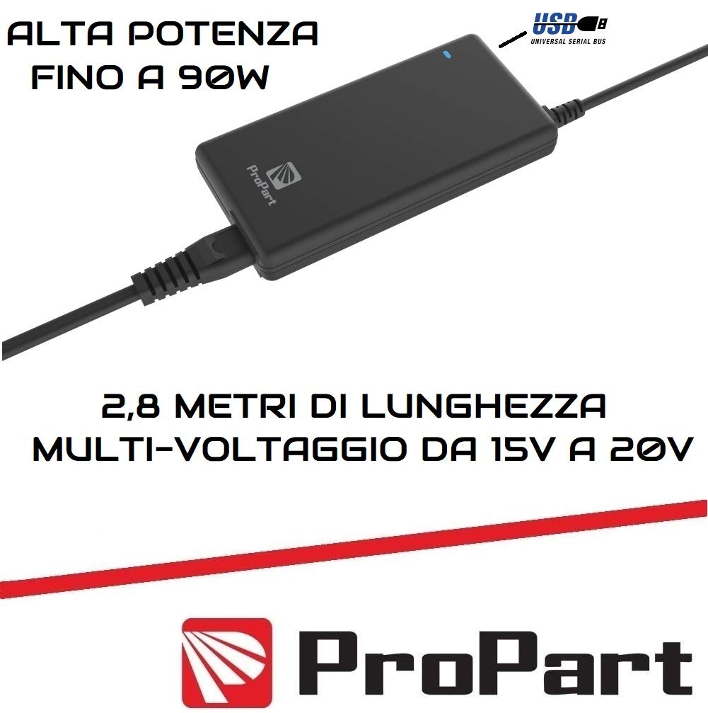 PROPART Alimentador UltraSlim Universal con 11 Adaptadores, 2,8 Metros, Compatible con la mayoría de PC/Notebook y Lenovo Thinkpad hasta 90W + Extra Puerto USB