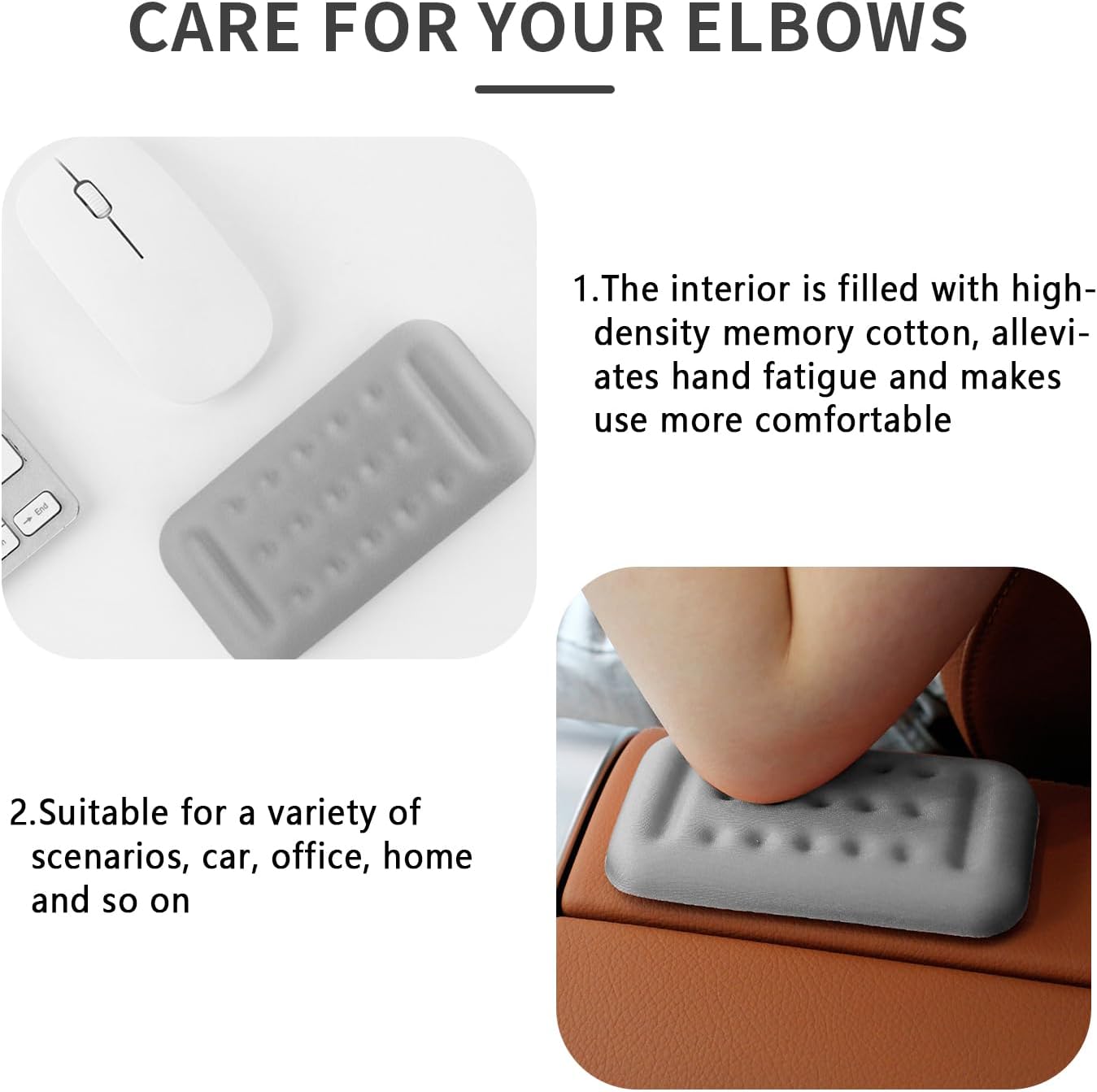 2PCS Car Arm Rest Elbow Pads,Comfortable Car Arm Rest Cushion with Memory Foam Pad for Arm Support,Universal Car Interior Accessories Car Door Armrest Pad (Gray)