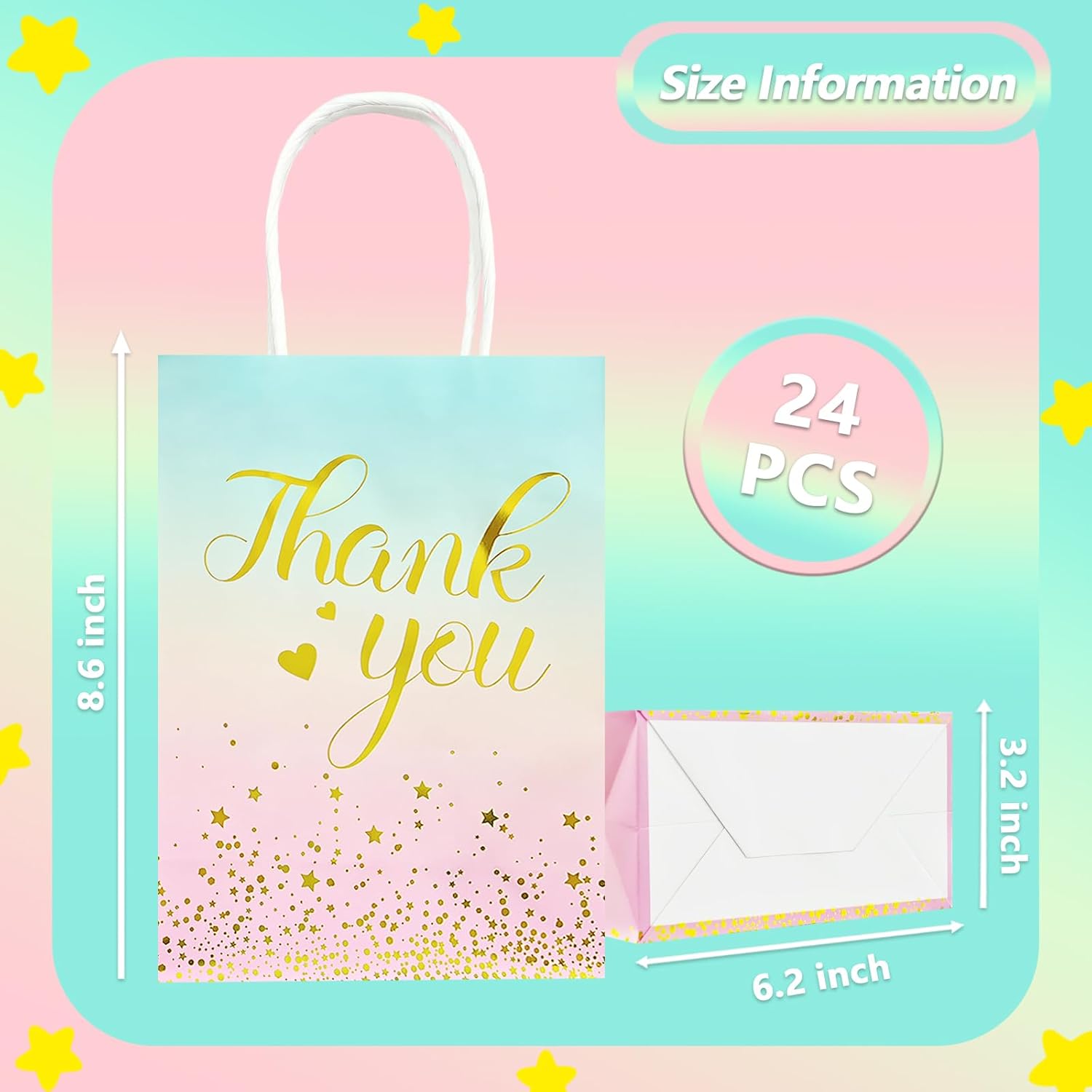 OFIHANLY 24Pcs Small Thank You Gift Bags with Handles Party Favor Goodie Paper Bags Bulk for Kids Birthday, Baby Shower, Wedding, Bridal Shower - Image 3