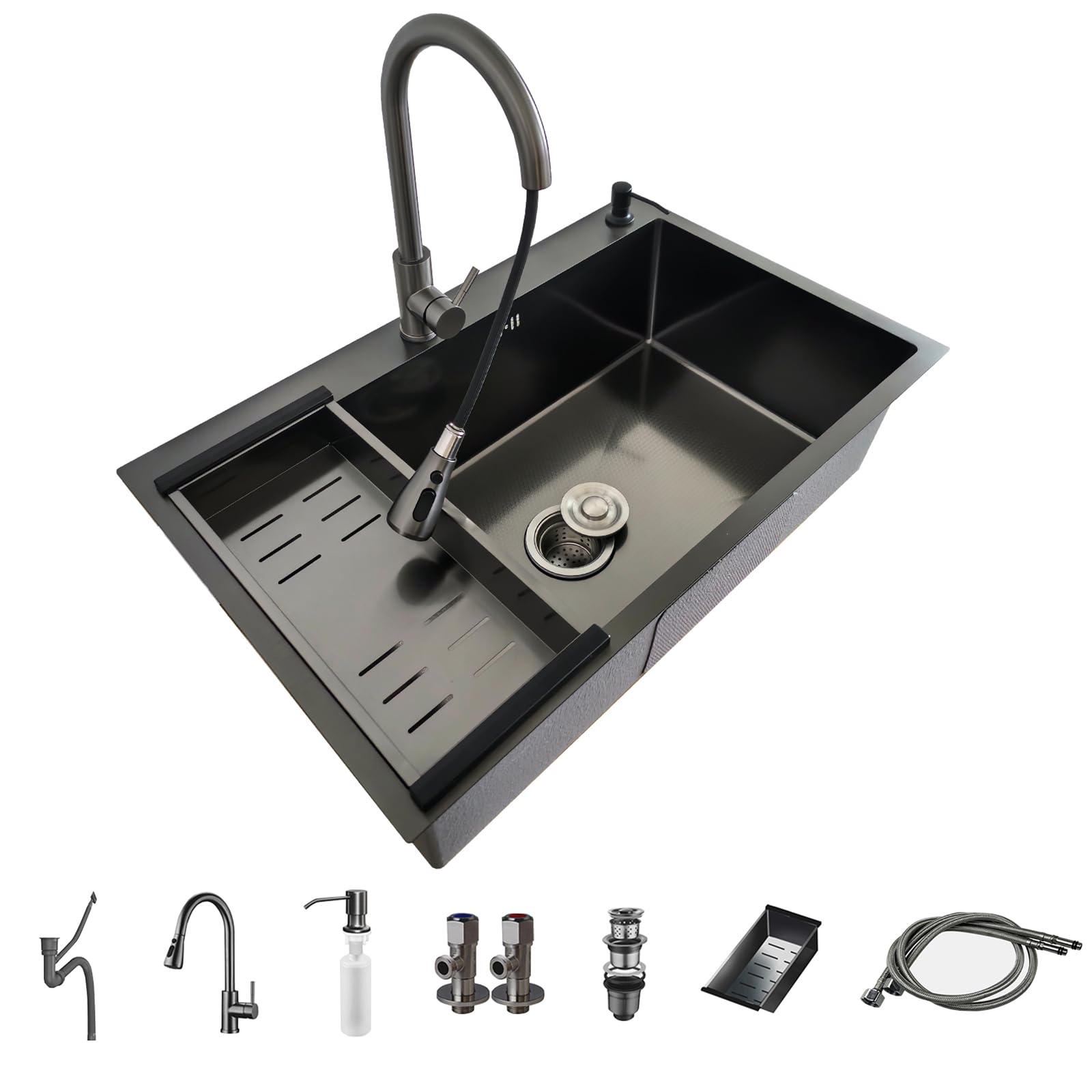 ZQFHSX 80x50cm Black Kitchen Sink with Drainer & Soap Dispenser Modern Single Bowl Waste Kit Overflow Trap for Stylish Kitchens (HJG)