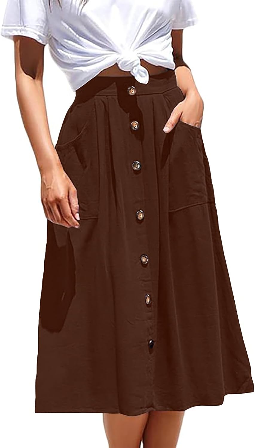 Women's Midi Skirts Casual High Elastic Waist A Line Pleated Midi Skirts with Pockets