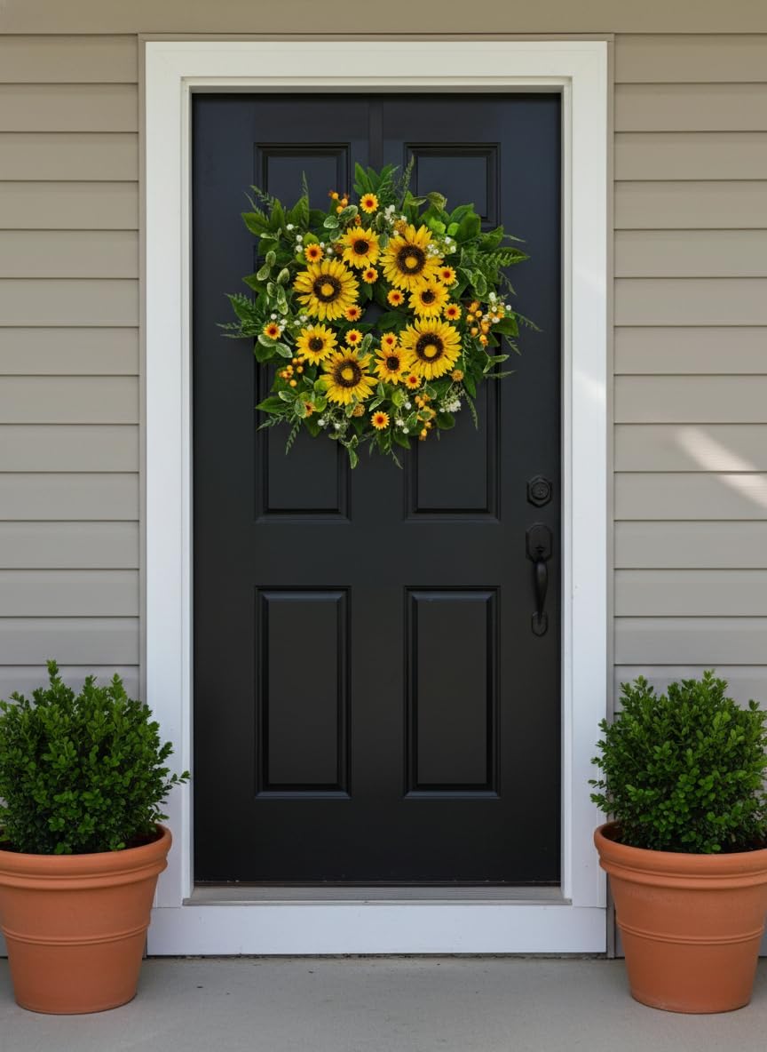 Sunflower Wreath for Front Door, 24–26 Inch Spring & Summer Wreath with Lifelike Sunflowers, Handmade Outdoor Wreath for Front Door, Spring Home Decor