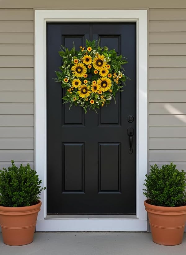 Sunflower Wreath for Front Door, 24 Inch Spring & Summer Wreath with Lifelike Sunflowers, Handmade Outdoor Wreath for Front Door, Spring Home Decor by Qiexuxing - Image 2