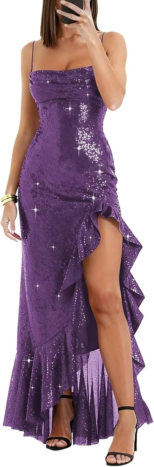 Sequin Prom Dress Spaghetti Strap Mermaid Evening Dresses for Women Ruffle Sparkly Long Ball Gown with Slit