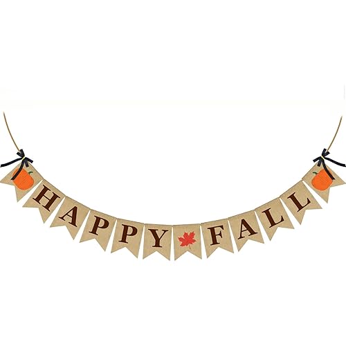 ERKOON Burlap Banner Happy Fall Sign Pumpkin Flag Rustic Natural Fall Harvest Banner for Autumn Home Party School Party Decoration