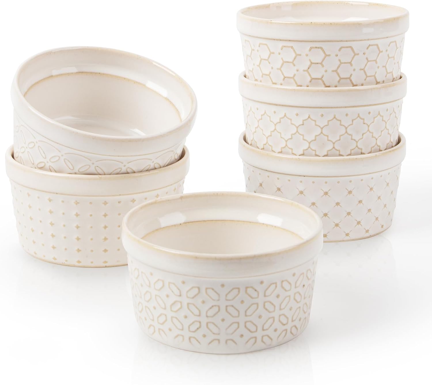 Dowan Ramekins 6 oz Oven Safe for Creme Brulee, Ceramic Small Baking Cups, Porcelain Serving Bowls for Lava Cake, Pudding, Souffle and Dipping Sauce, Set of 6, Arctic White