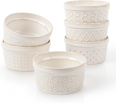 DOWAN Ramekins 4 oz Oven Safe Set of 6, Arctic White Porcelain Baking Bowls and Ceramic Condiment Cups for Creme Brulee, Souffle, Pudding, Custard, Dipping Sauce and Small Charcuterie Boards