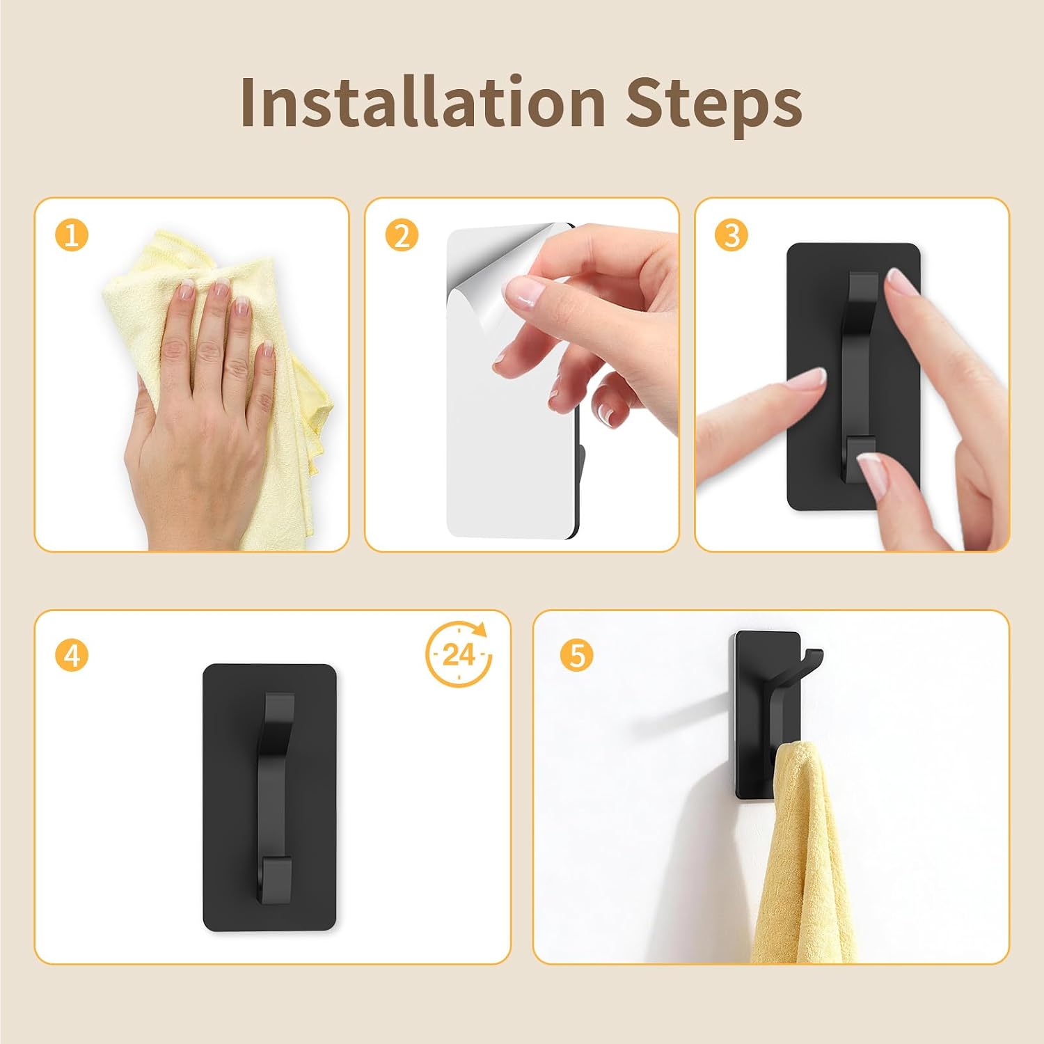 STWWO Adhesive Wall Coat Hooks, Matte Black Heavy Duty Hooks for Hanging