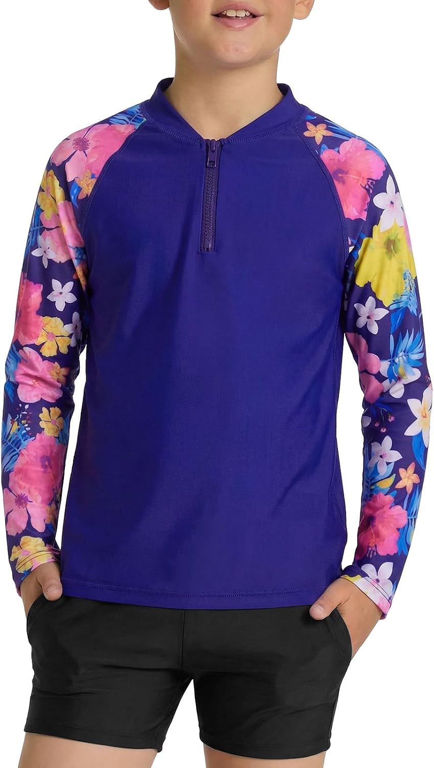 Boys Raglan Long Sleeve Rash Guard Swim Shirt Kids Quarter Zip UPF 50+ Sun Shirt 5-14 Years