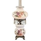 Touch of Class Brook Floral Handpainted Hurricane Table Lamp White Floral Motifs - Metal Base, Glass Shade, Scalloped Edges - Vintage Bedroom Aesthetic - Victorian Style Parlor Lamps for Bedroom