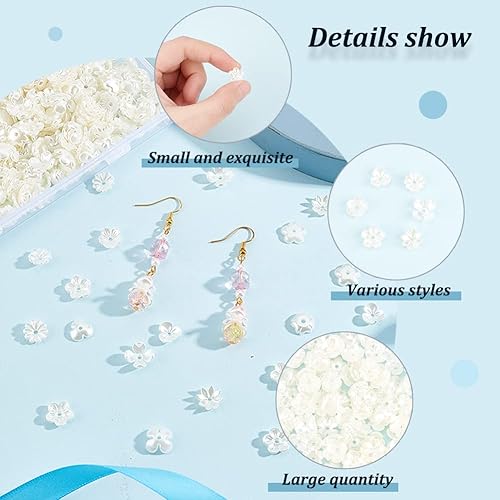 Miniatura 4 de DICOSMETIC 600 tapas de cuentas de flores de 6 estilos de 9.5-10.5 x 10-11 x 0.118-0.177 in, color blanco cremoso, cuentas espaciadoras de plástico
