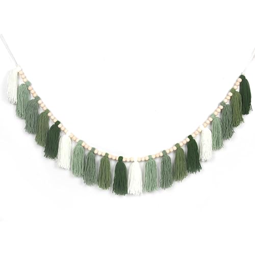 Green Boho Yarn Tassel Garland Sage Green Garland Wall Hanging